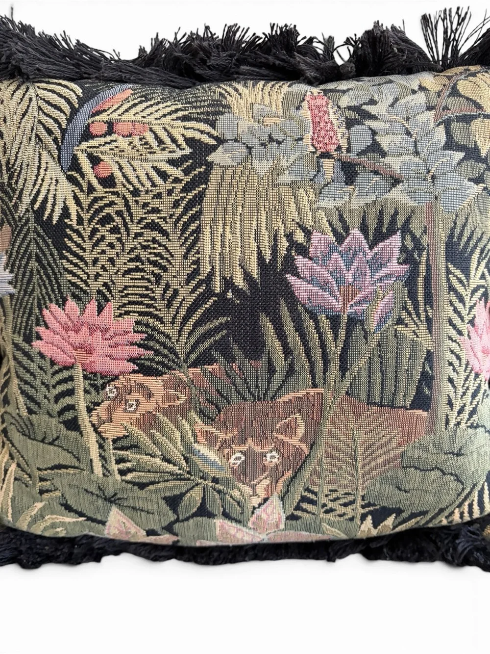 Vintage Black Floral and Animal Tapestry Accent Pillow